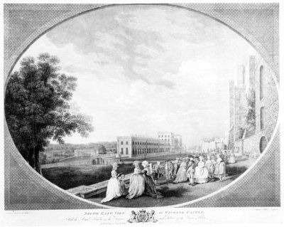 South East view of Windsor Castle, with the Royal Family on the terrace and a view of the Queen